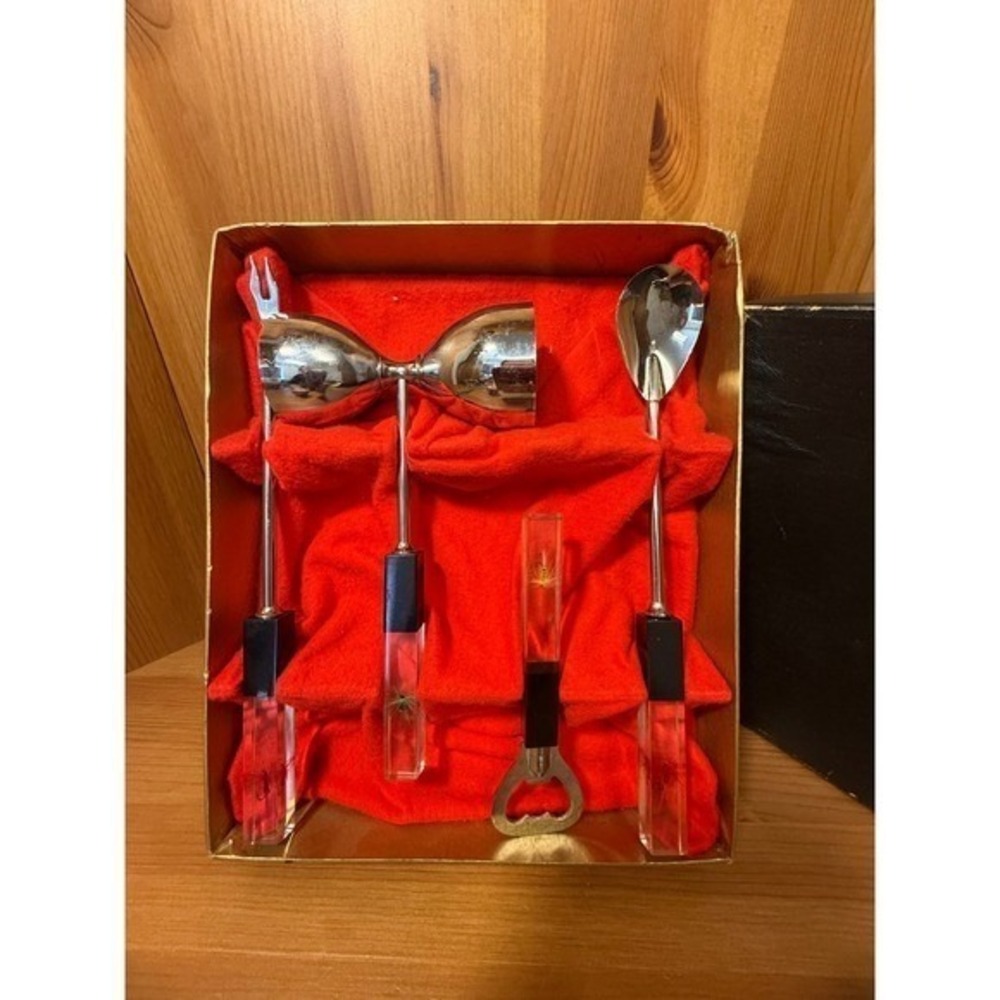 Vintage Swank Barware Serving Set Lucite Handles Fishing Lures